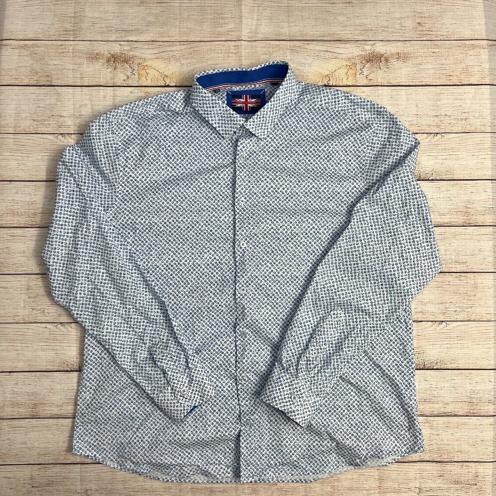 Soul of London Size XXL Geometric Print Button Down Shirt Blue White Long Sleeve